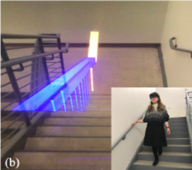 A woman uses an AR device to support traveling down the stairs. It displays a blue hologram of the rail next to her.