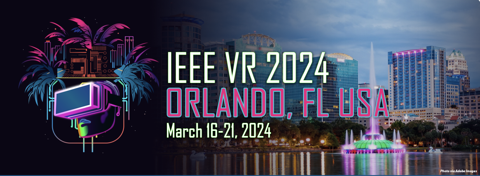 Banner image for IEEE VR 2024 Conference on March 16-21 with a backdrop of Orlando, Florida and an animation icon of a face with a VR headset, and tropical plants.
