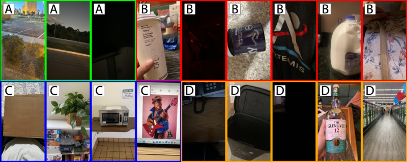 18 images randomly sampled from the diary study. These examples represent four of the most common goals: The first three images are examples of (A) Getting a scene description, the next six images are examples of (B) identifying features of objects, the next four images are examples of (C) obtaining the identity of a subject in the scene, and the last five are examples of (D) learning about the application.