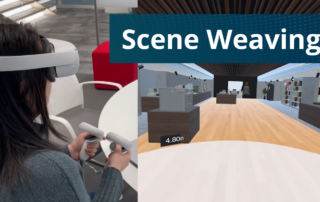 Two images, titled Scene Weaving. Left shows a woman in a VR headset. Right is a screenshot of a virtual office. A white circle expands along the ground from the viewer, its range indicated as 4.80 meters.