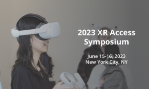Cover image for the 2023 XR Access Symposium report, depicting an individual with a dark shirt wearing a Meta Quest headset.