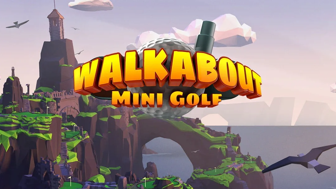 Walkabout MIni Golf. Logo superimposed over video game landscape of a gold course set on a large island, with polygon seagulls flying through the air.