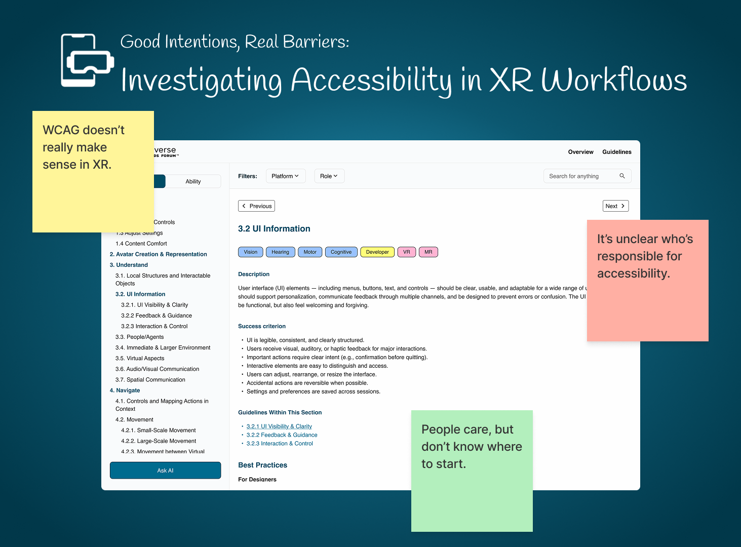 Good Intentions, Real Barriers: Investigating Accessibility in XR Workflows. Design of XR accessibility guidelines with post it notes reading "WCAG doesn't really make sense in XR"; "It's unclear who's responsible for accessibility;" "People care, but don't know where to start."