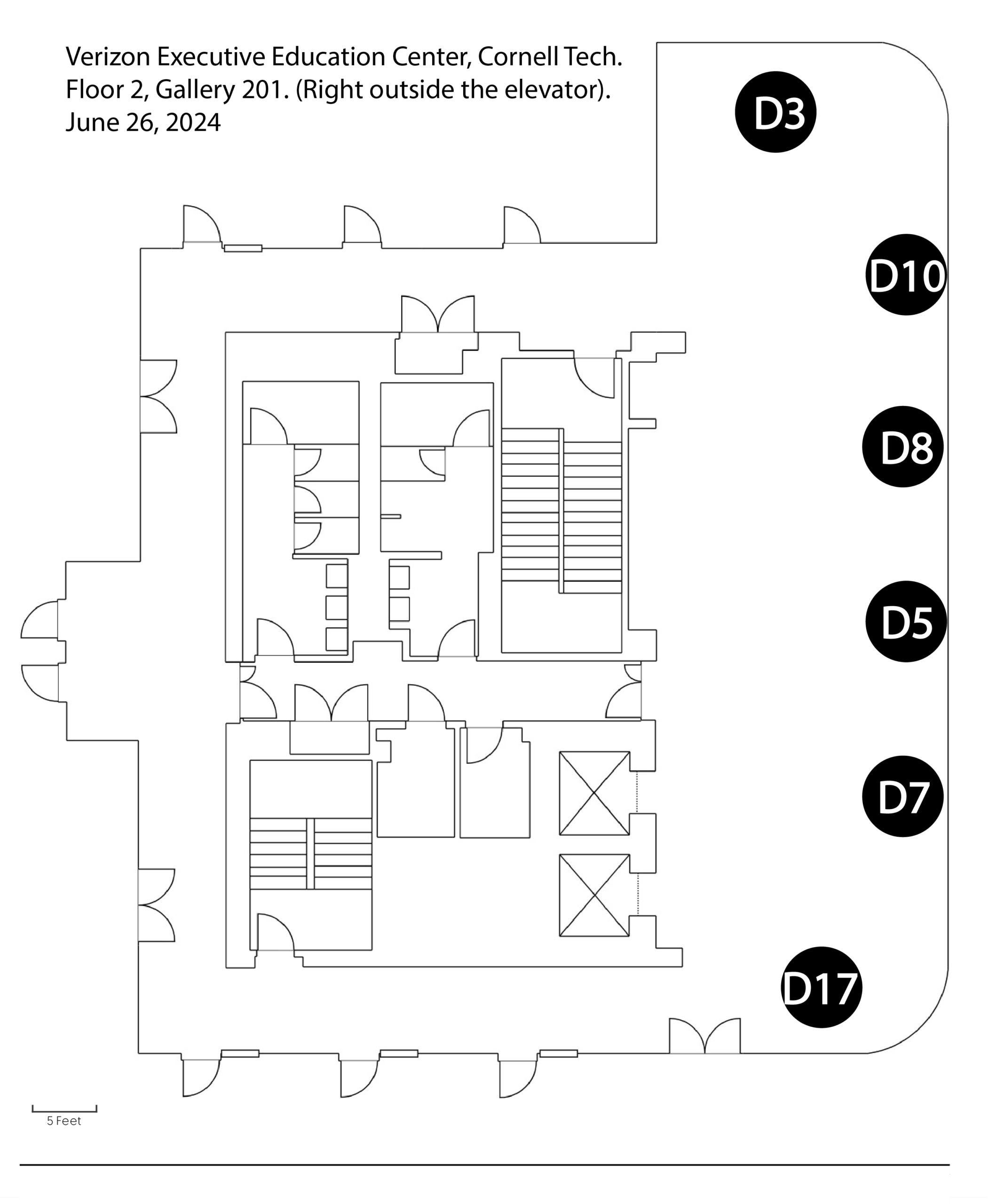 thursday_demo_locations_gallery_XR_Access_Symposium_2025_final Map of the 2nd floor gallery of the Verizon Executive Education Center, Cornell Tech. Shows location of Demonstrations for Thursday, 26th of June. Right outside the elevator there will be demonstrations D10, D8, D5, and D7 against the wall. To the side walls, there will be demonstrations D3 and D17