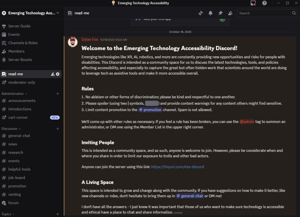 Screenshot of the Emerging Technology Accessibility Discord