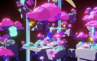 A tree landscape, with pink canopies, waterfalls, blue/purple trunks and roots, with light blue portals and lavender mushrooms, inviting a swooping visit.