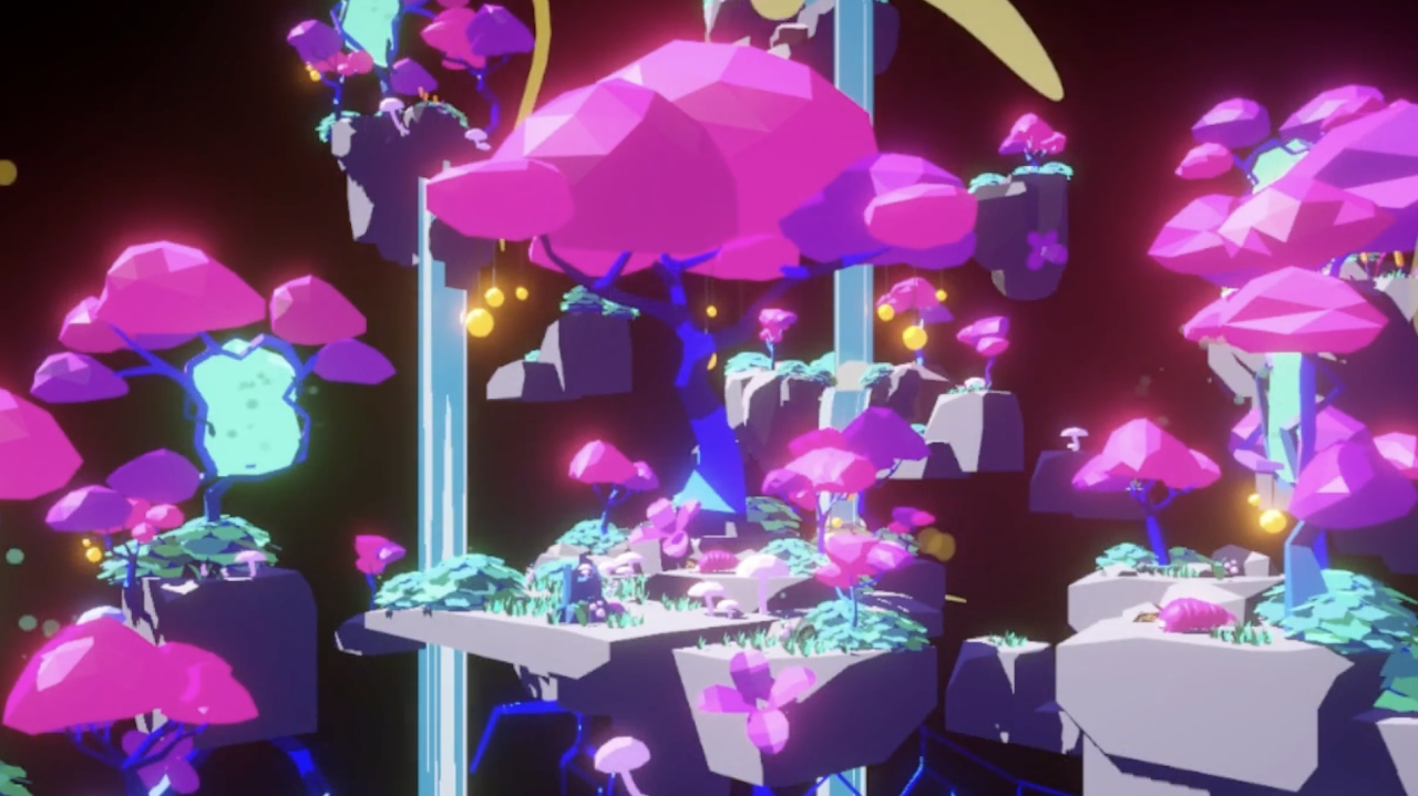 A tree landscape, with pink canopies, waterfalls, blue/purple trunks and roots, with light blue portals and lavender mushrooms, inviting a swooping visit.